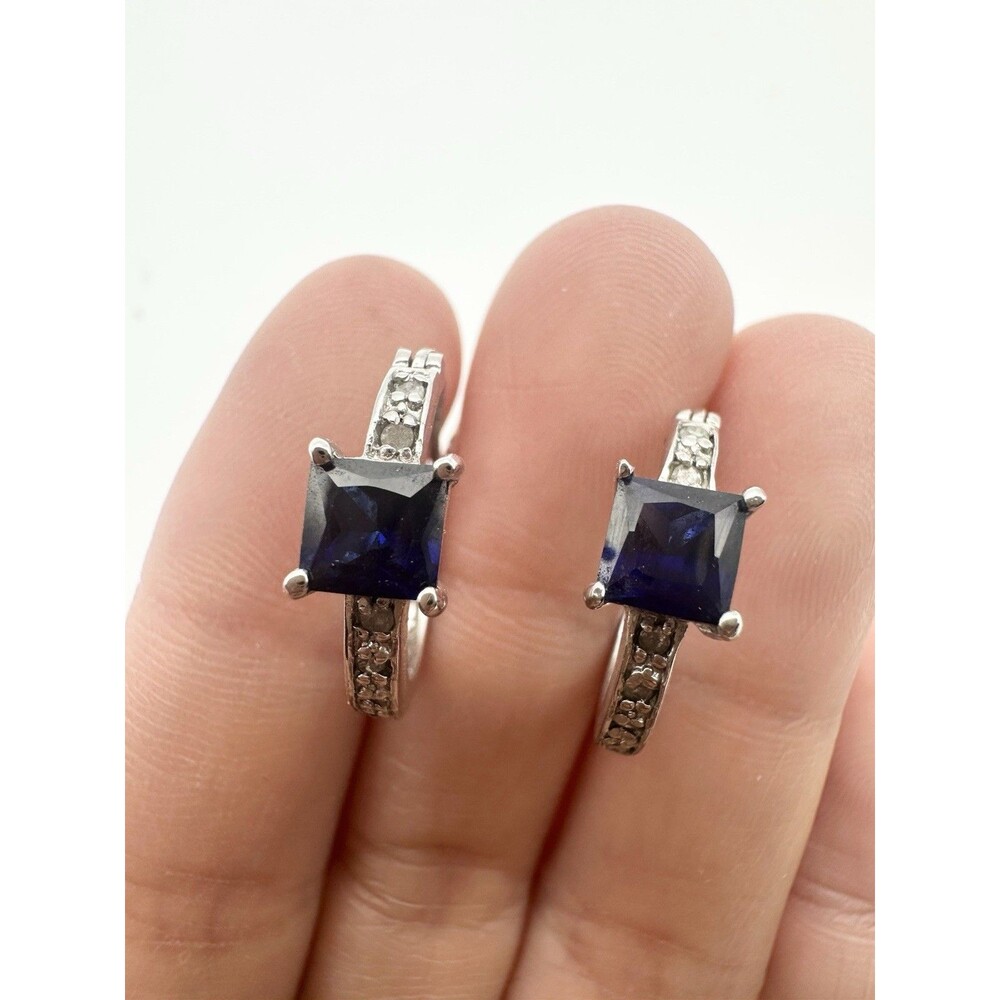925 Sterling Silver Blue Topaz Genuine Diamond Hoop Earrings